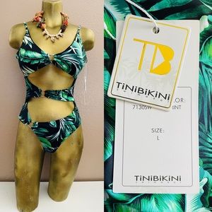 TINIBIKINI Swimwear NWT Cut-Out MONOKINI Palm Leaf Tropical Swimsuit Size Large